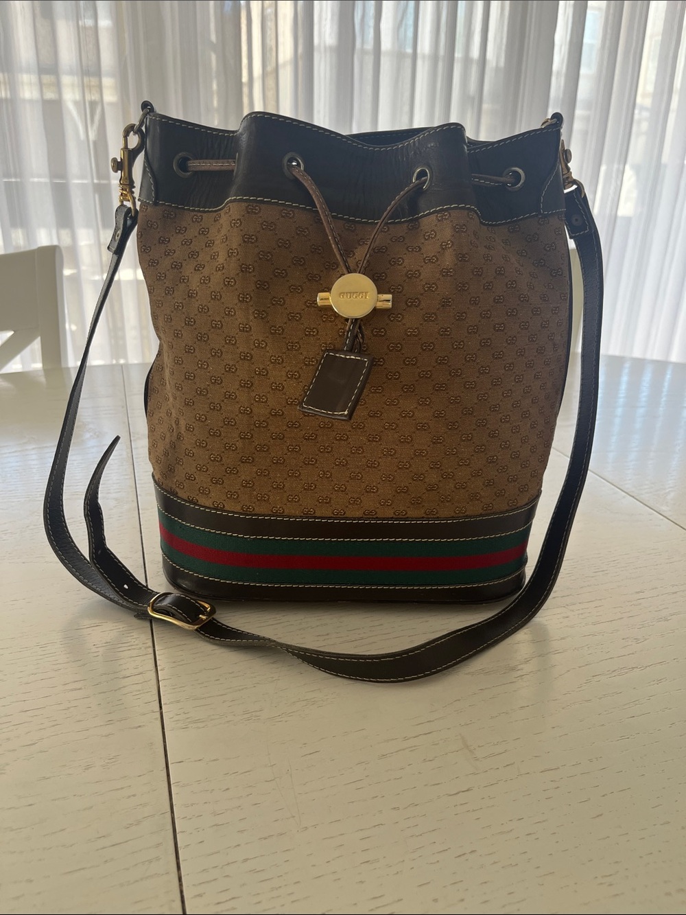 Gucci Brown Monogram Drawstring Shoulder Bag with Green-Red Stripe